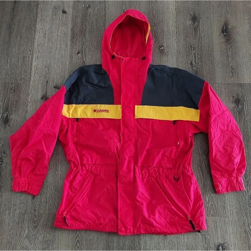Vintage Columbia Ski Jacket Mens Red Yellow Hooded Full Zip Up Pockets Outdoor L